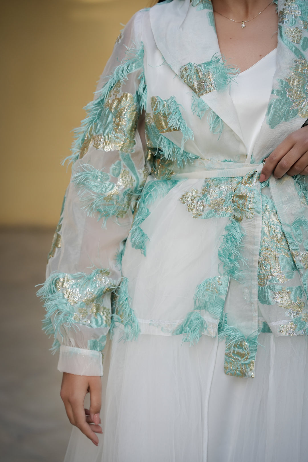 chiffon caftan with blue embroydery