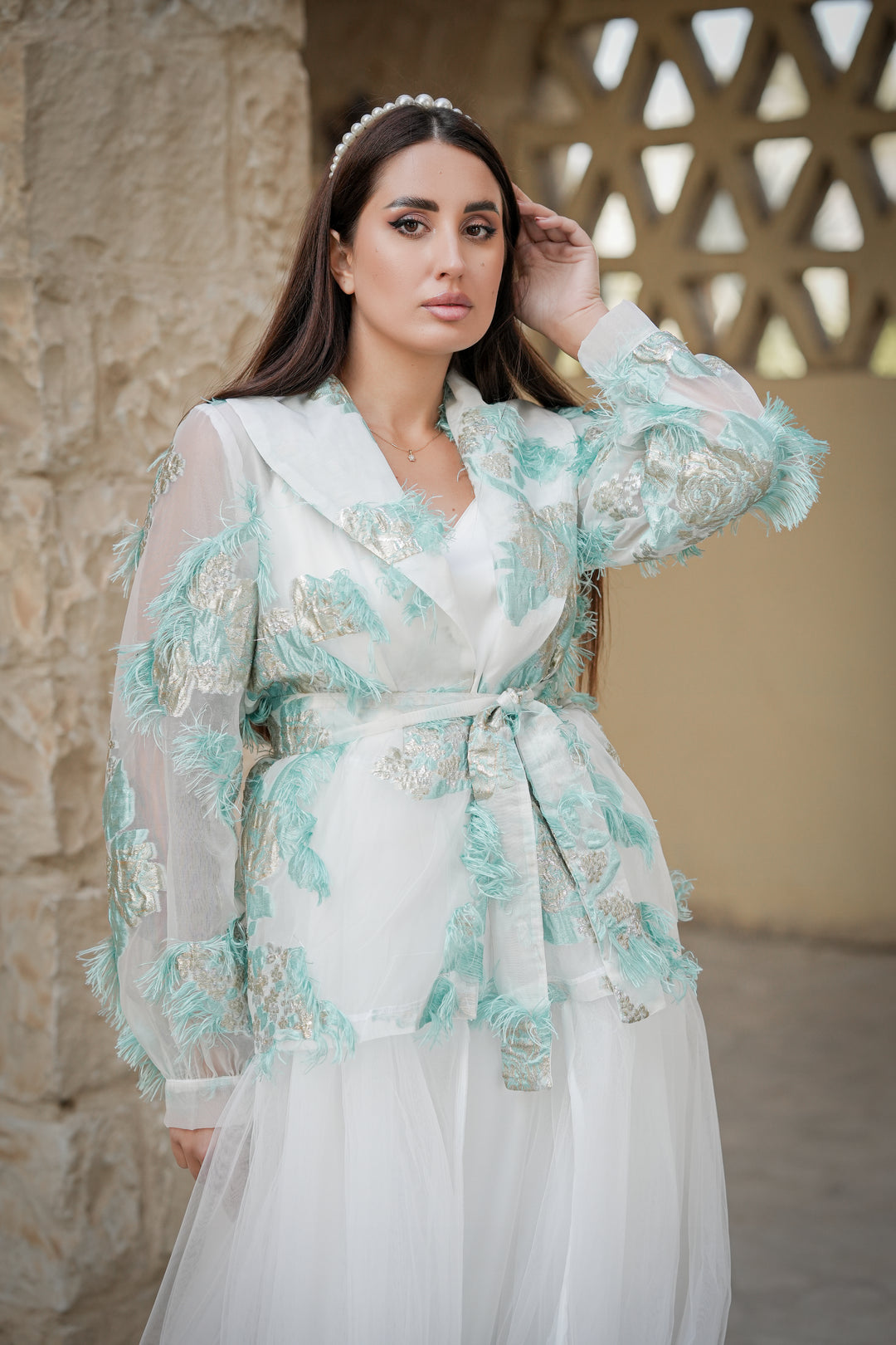 chiffon caftan with blue embroydery
