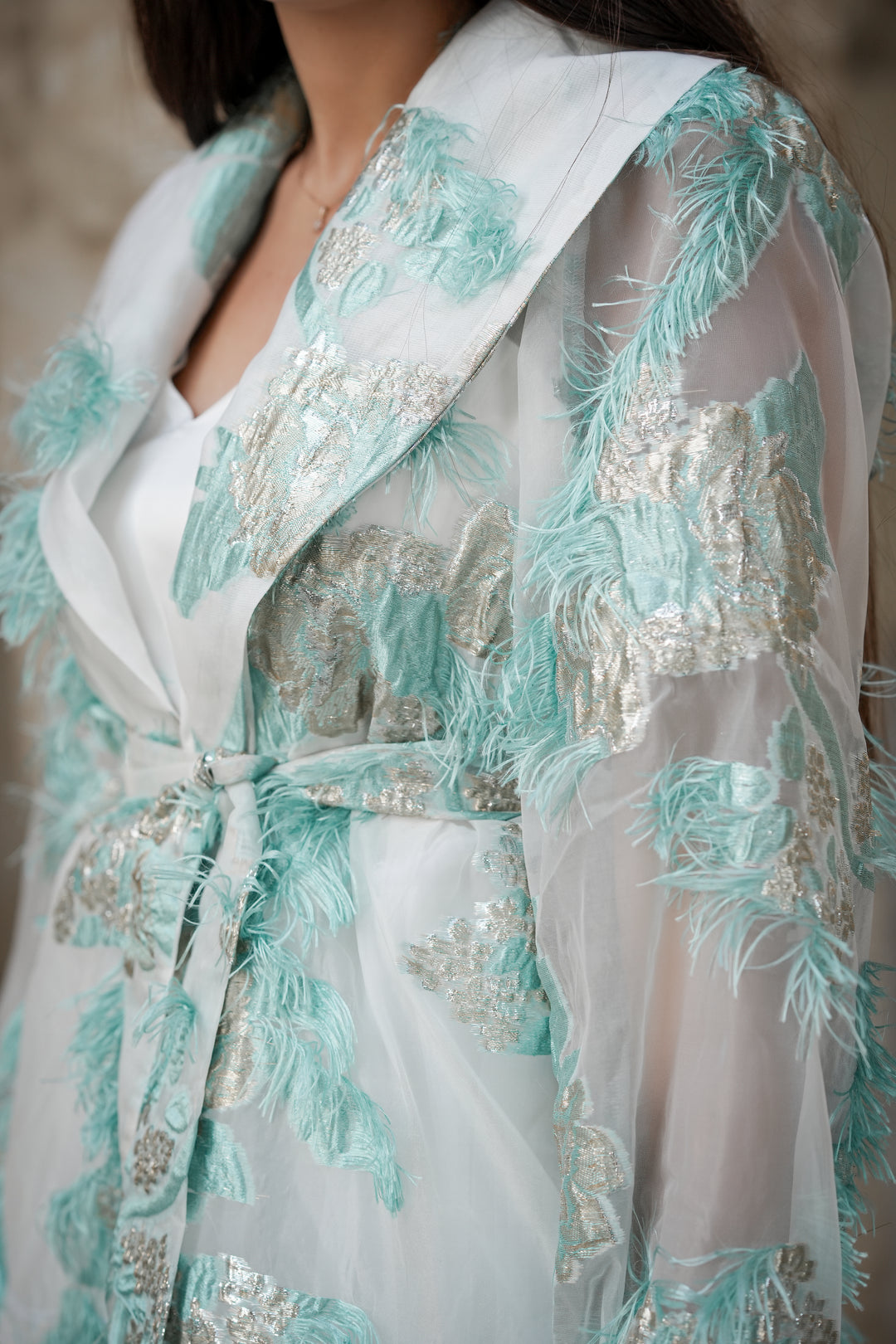 chiffon caftan with blue embroydery