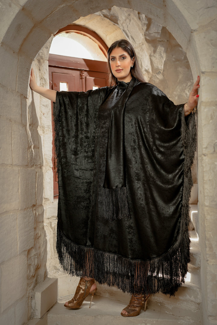 abaya with fringes satin metallic at the end
