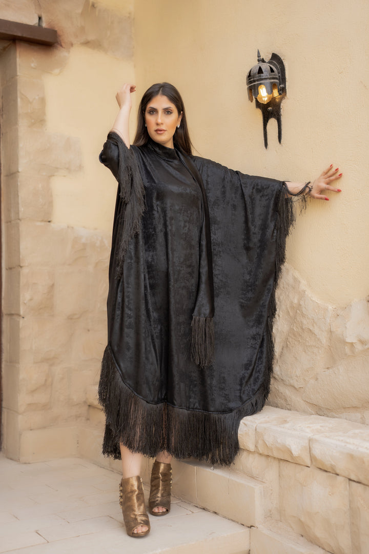 abaya with fringes satin metallic at the end