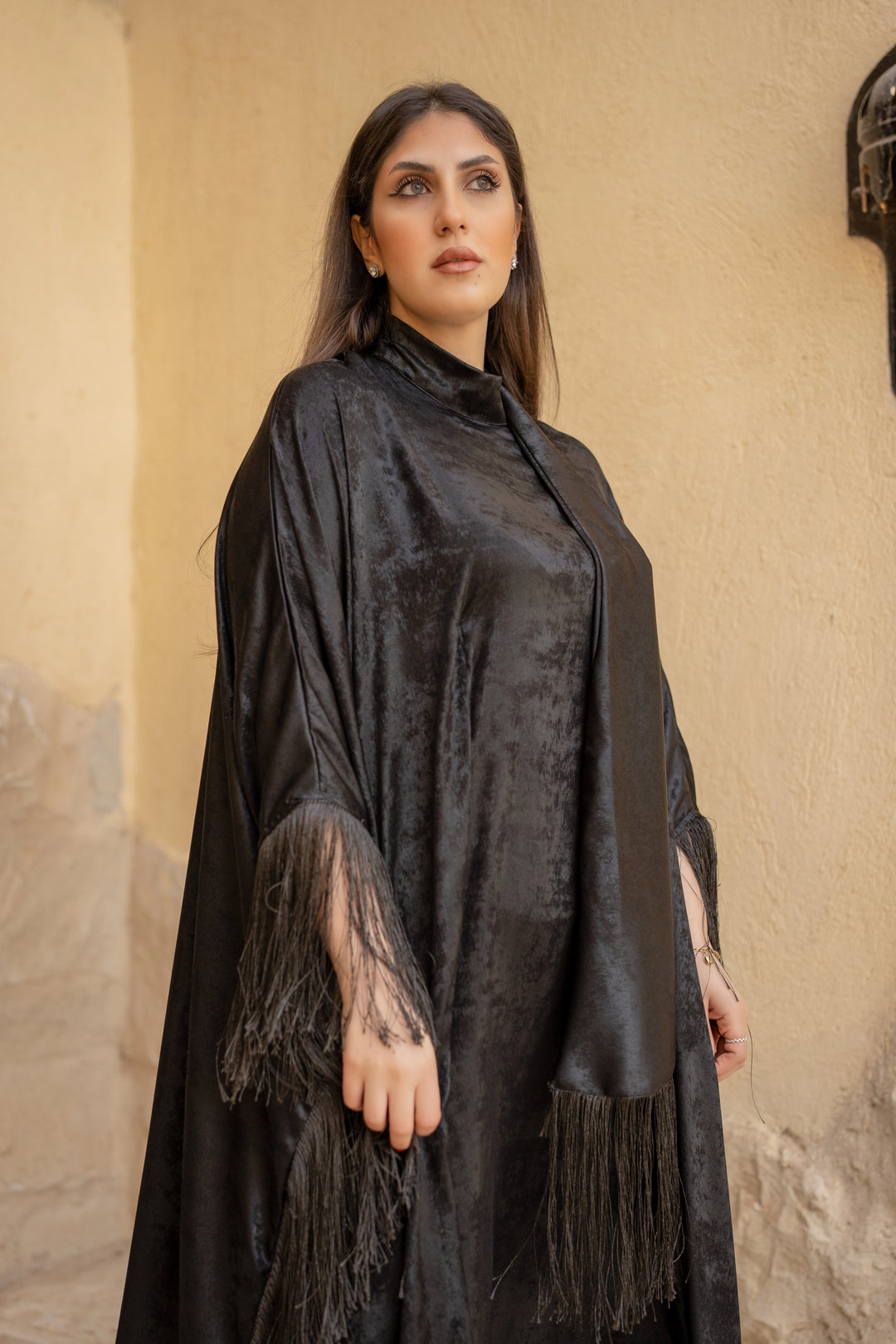 abaya with fringes satin metallic at the end