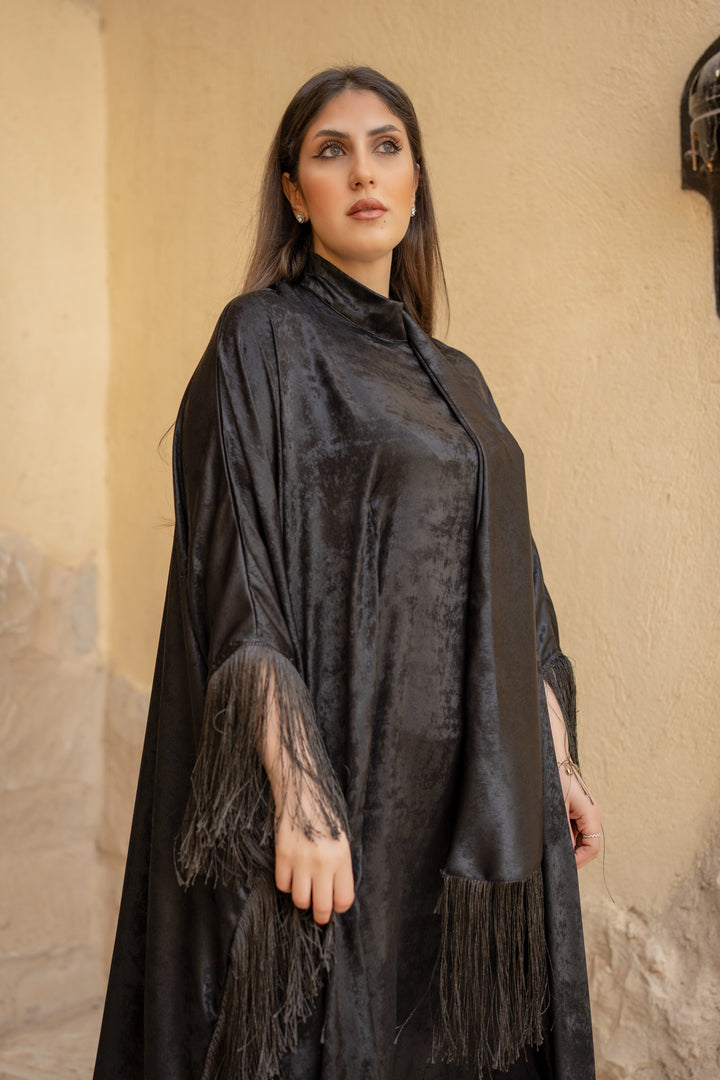 abaya with fringes satin metallic at the end