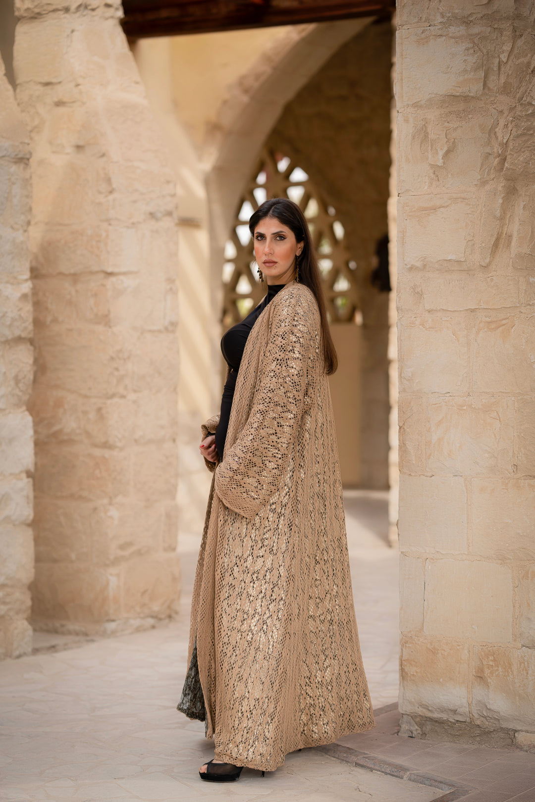 knitted abaya with metallic colors